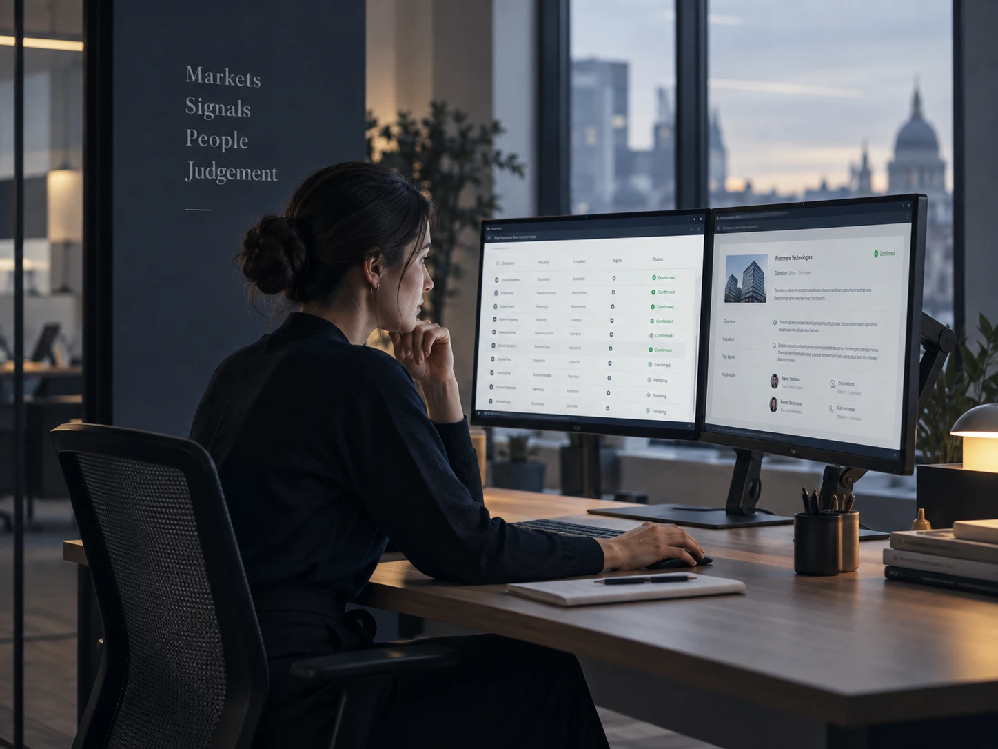 An analyst at a two-screen workstation reviewing a list of company records, most marked confirmed, beside a wall that reads Markets, Signals, People, Judgement, with a city skyline at dusk beyond the window