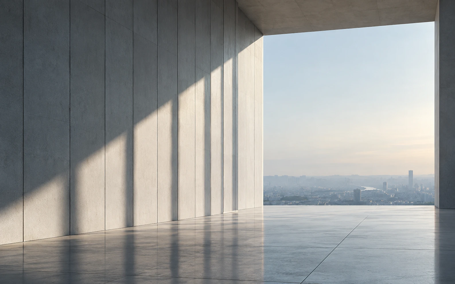 A tall panelled stone wall lit in a rhythm of light and shadow, opening onto a wide view over a hazy city