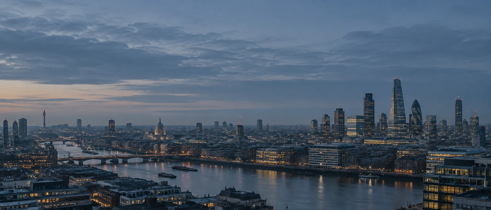 A wide city skyline at dusk along a river, thousands of windows and a scattering of lit ones under a cloudy sky