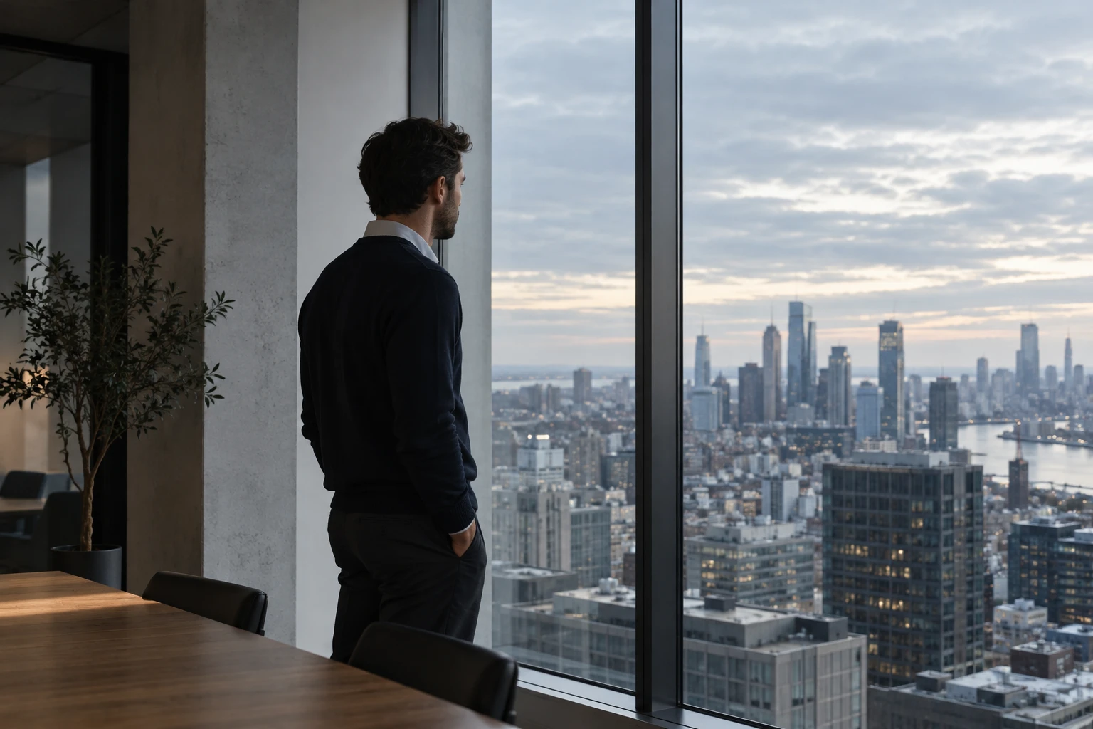 A person standing at a tall window with hands in pockets, looking out over a dense city under an evening sky