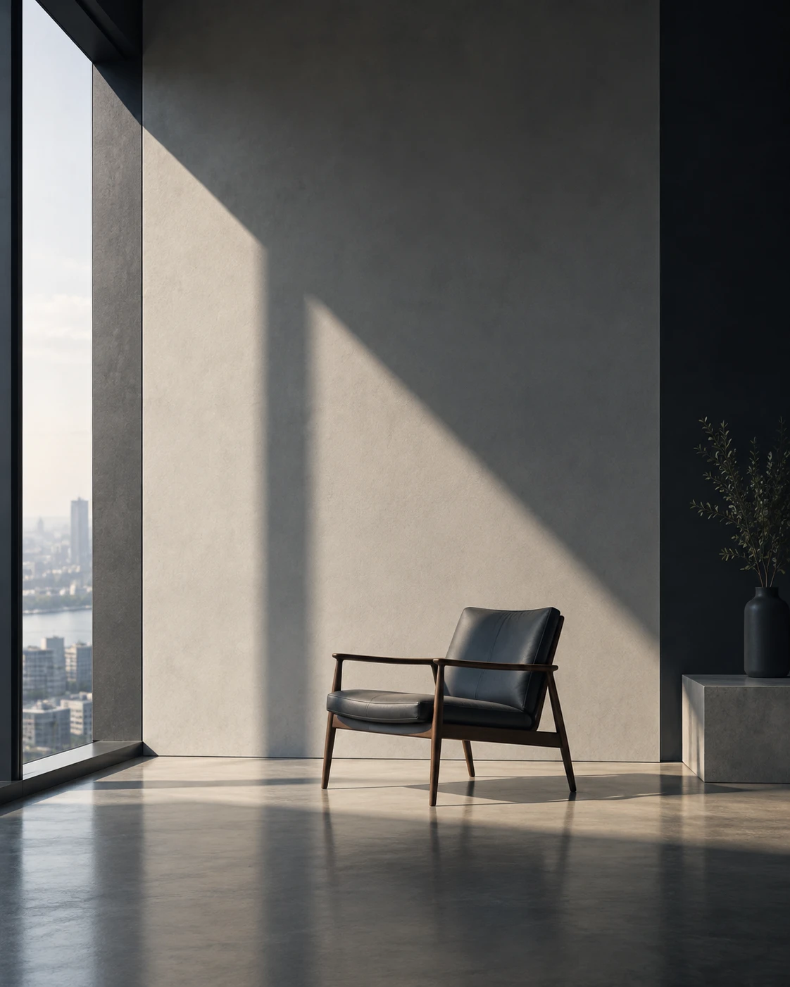 A single armchair standing in a shaft of daylight in an otherwise empty room, a city visible through the window